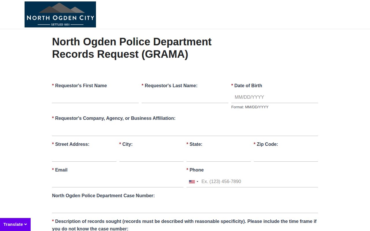 Weber County North Ogden Police GRAMA arrest record form