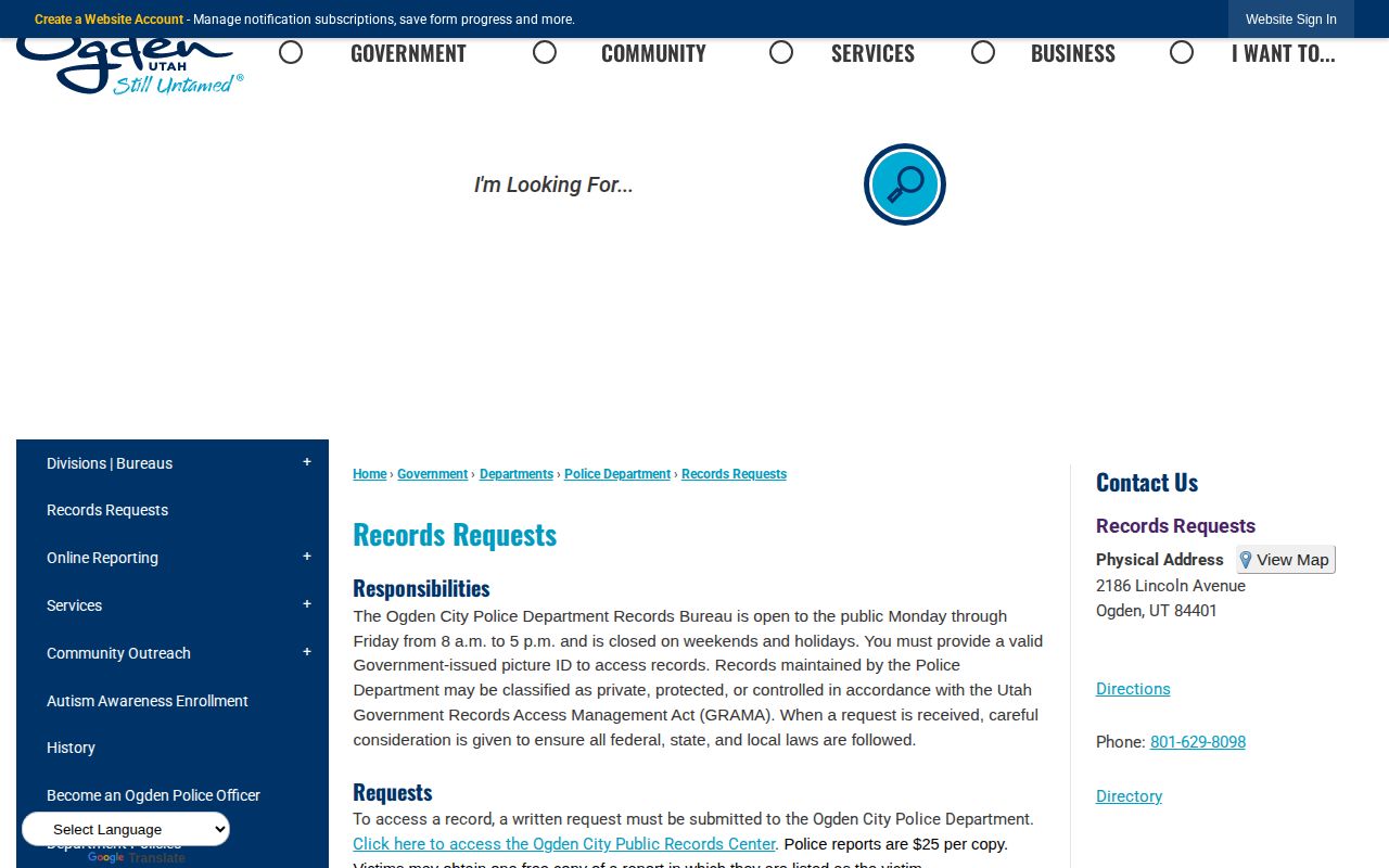Weber County Ogden Police arrest records request page