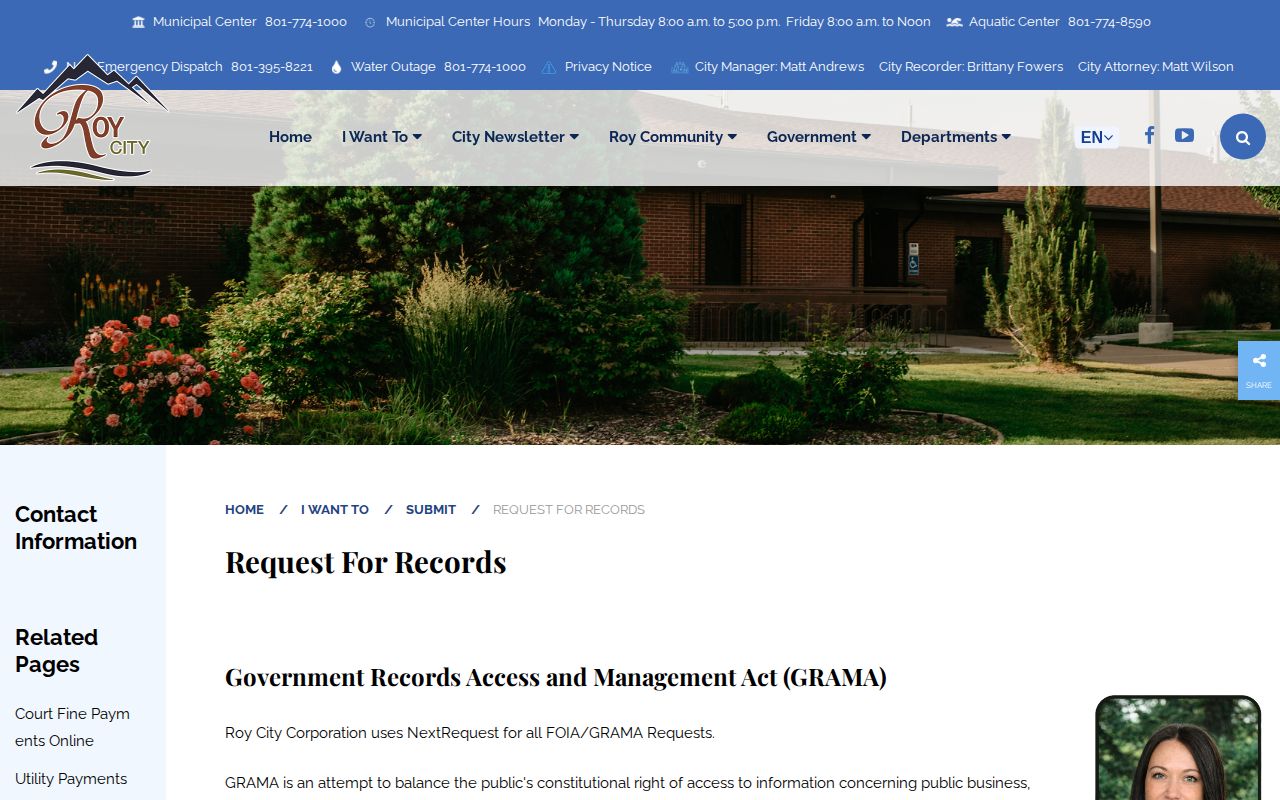 Weber County Roy Police arrest record request portal