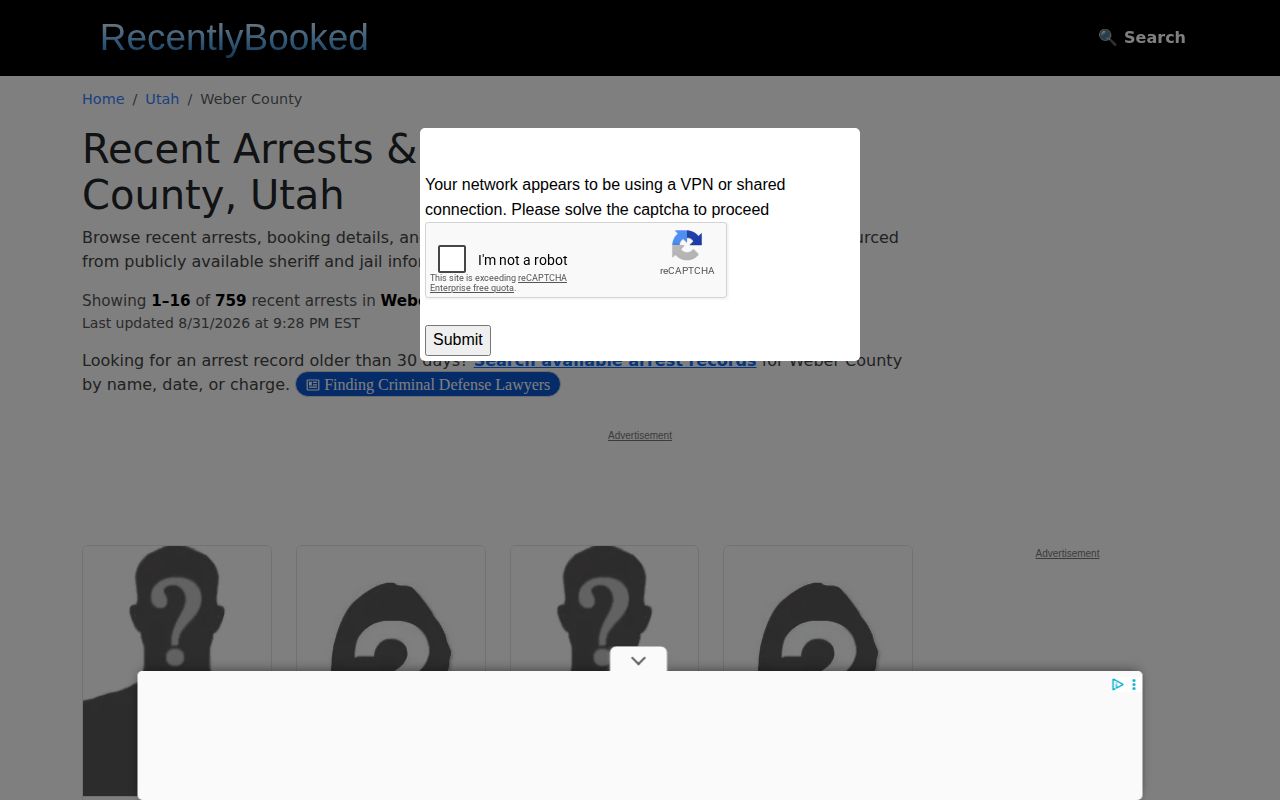 Unofficial RecentlyBooked Weber County booking-listing page