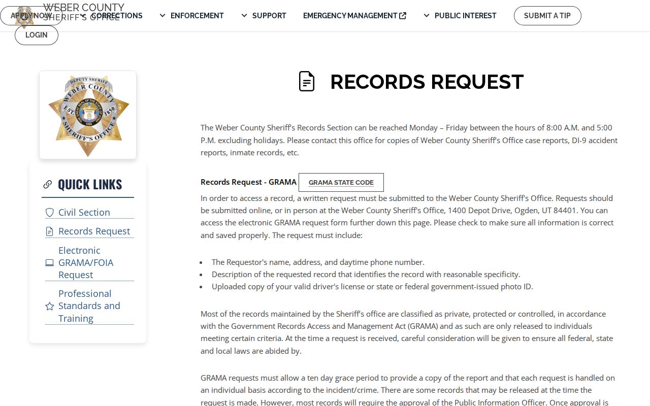 Weber County booking record and photo request information