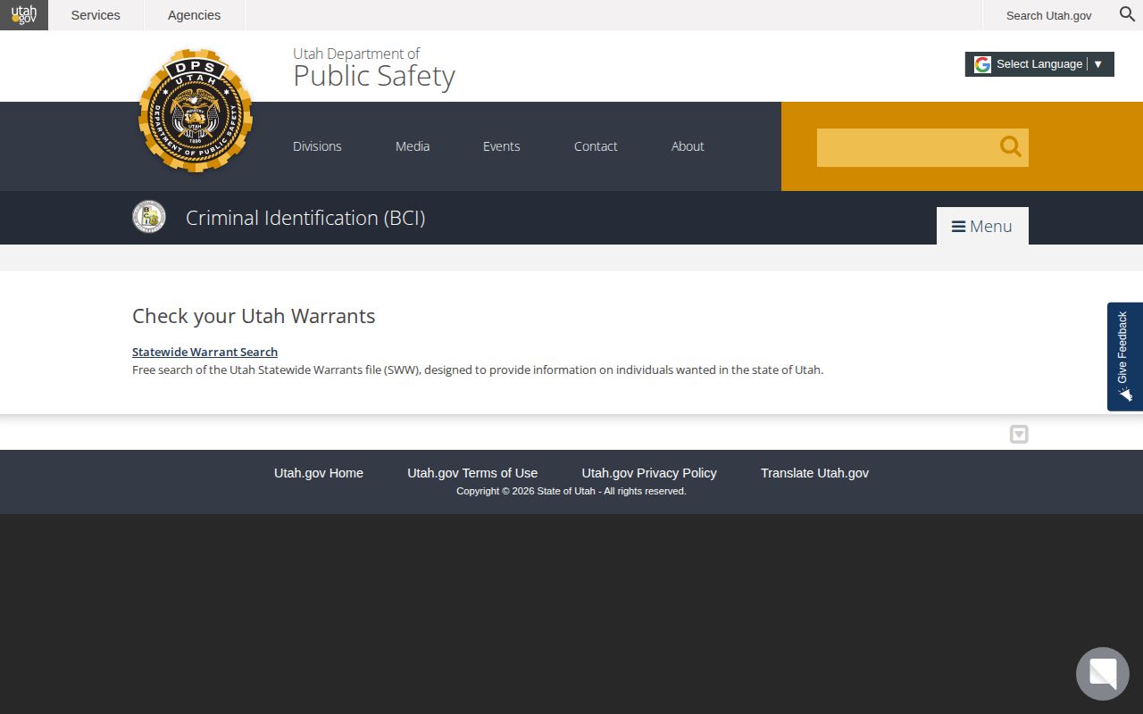 Utah BCI official Weber County warrant-check information page
