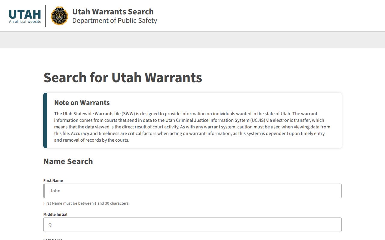 Utah statewide warrant portal used for Weber County warrant checks